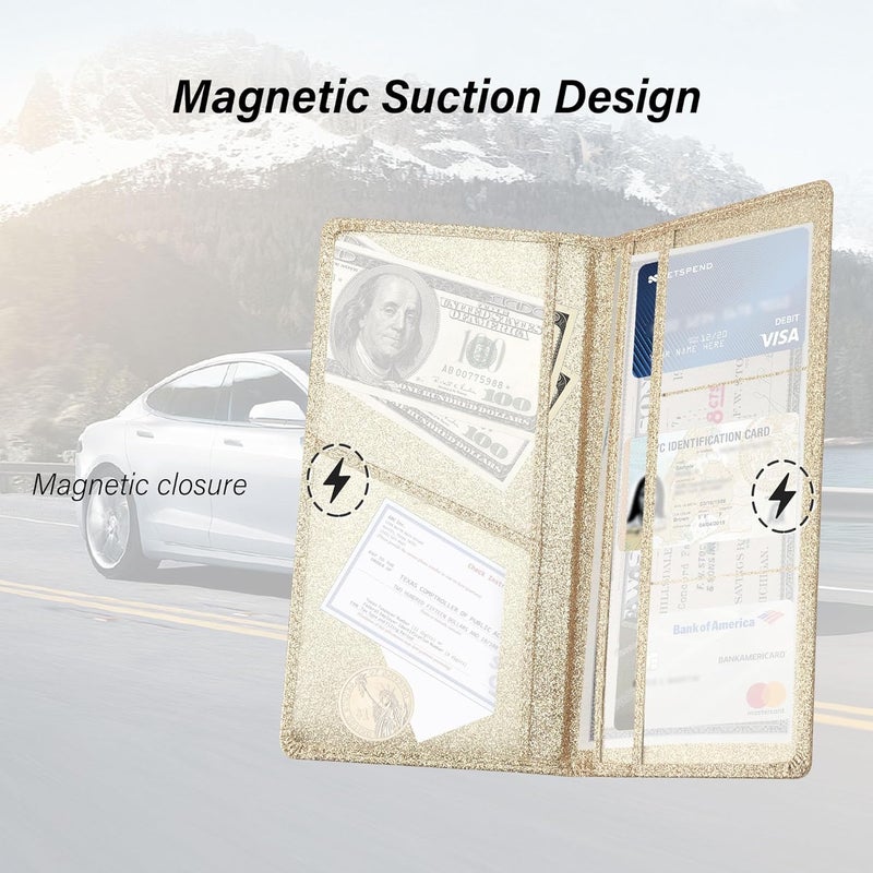 Stacool Bling Car Registration and Insurance Holder with Magnetic Clasp,PU Leather Car Organizers for ID,Bank Cards,Universal Glove Box Organizer Car Accessories Interior for Most Cars (Gold) - Image 5